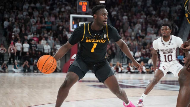 Missouri Tigers guard Kaleb Brown (1) dribbles the ball against the Mississippi State Bulldogs during the second half at Humphrey Coliseum.
